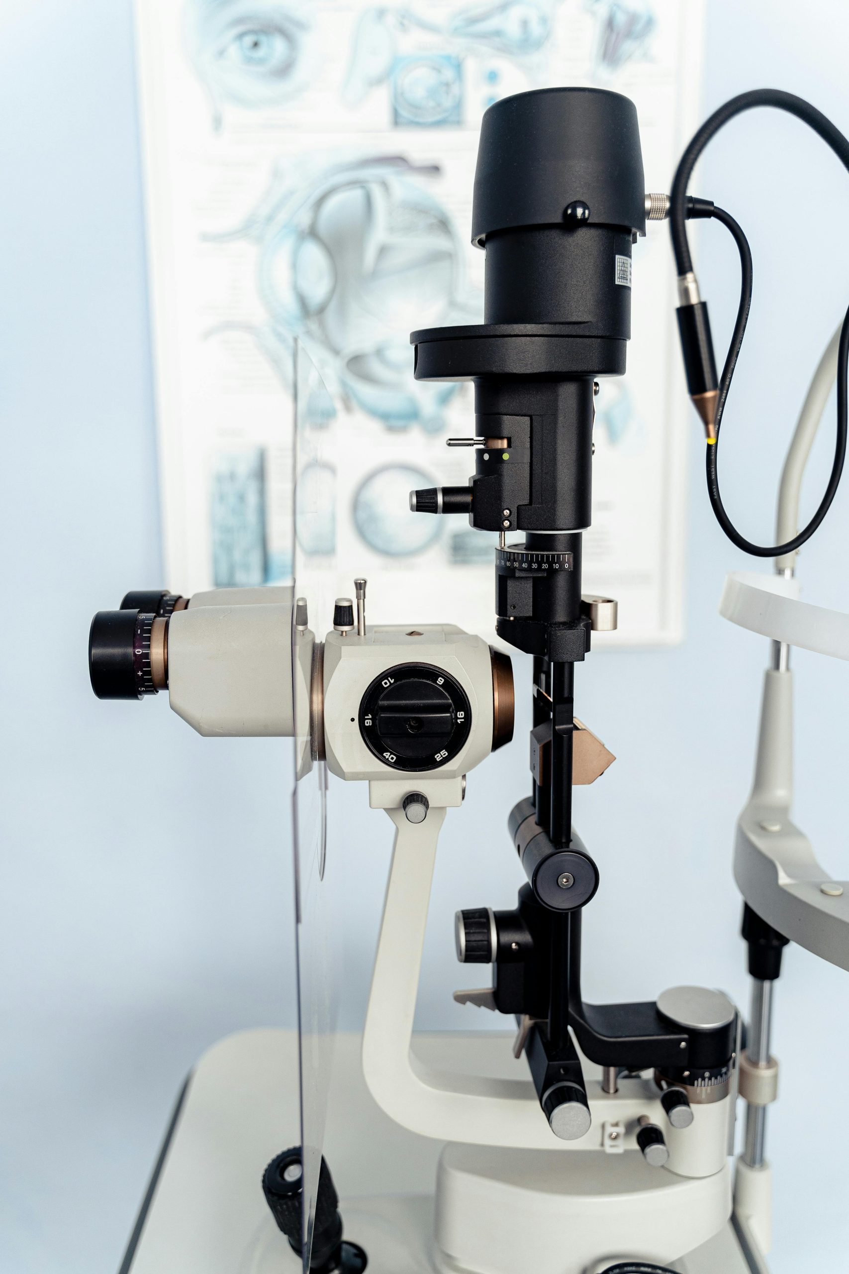 Close-up of a slit lamp used in eye examinations, crucial for eye care professionals.